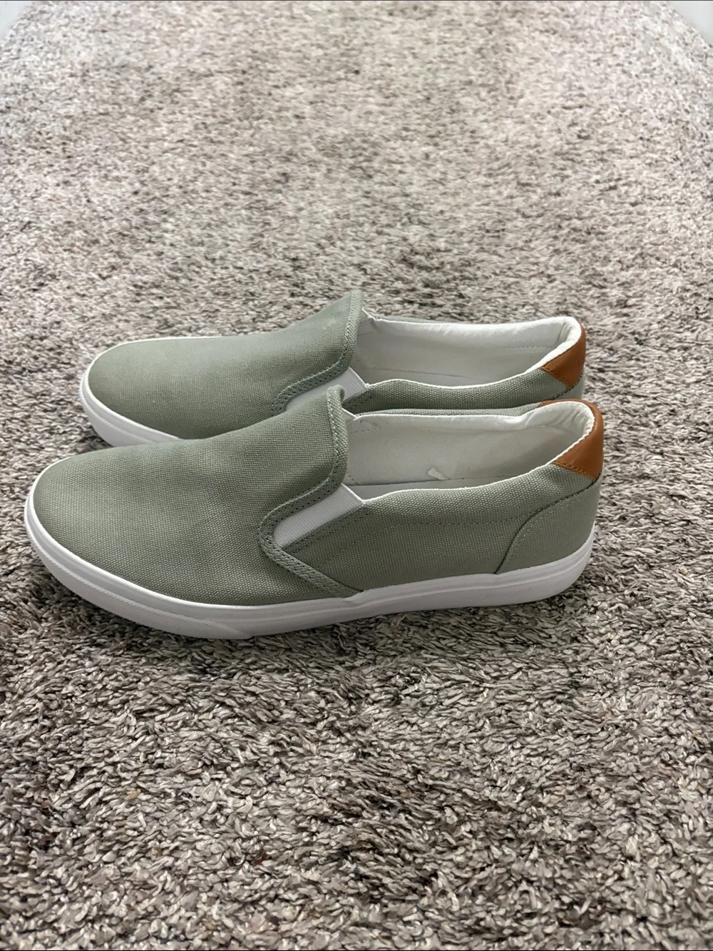 J. Crew Men's Slip-On Canvas Loafers in Sage Green with White Soles